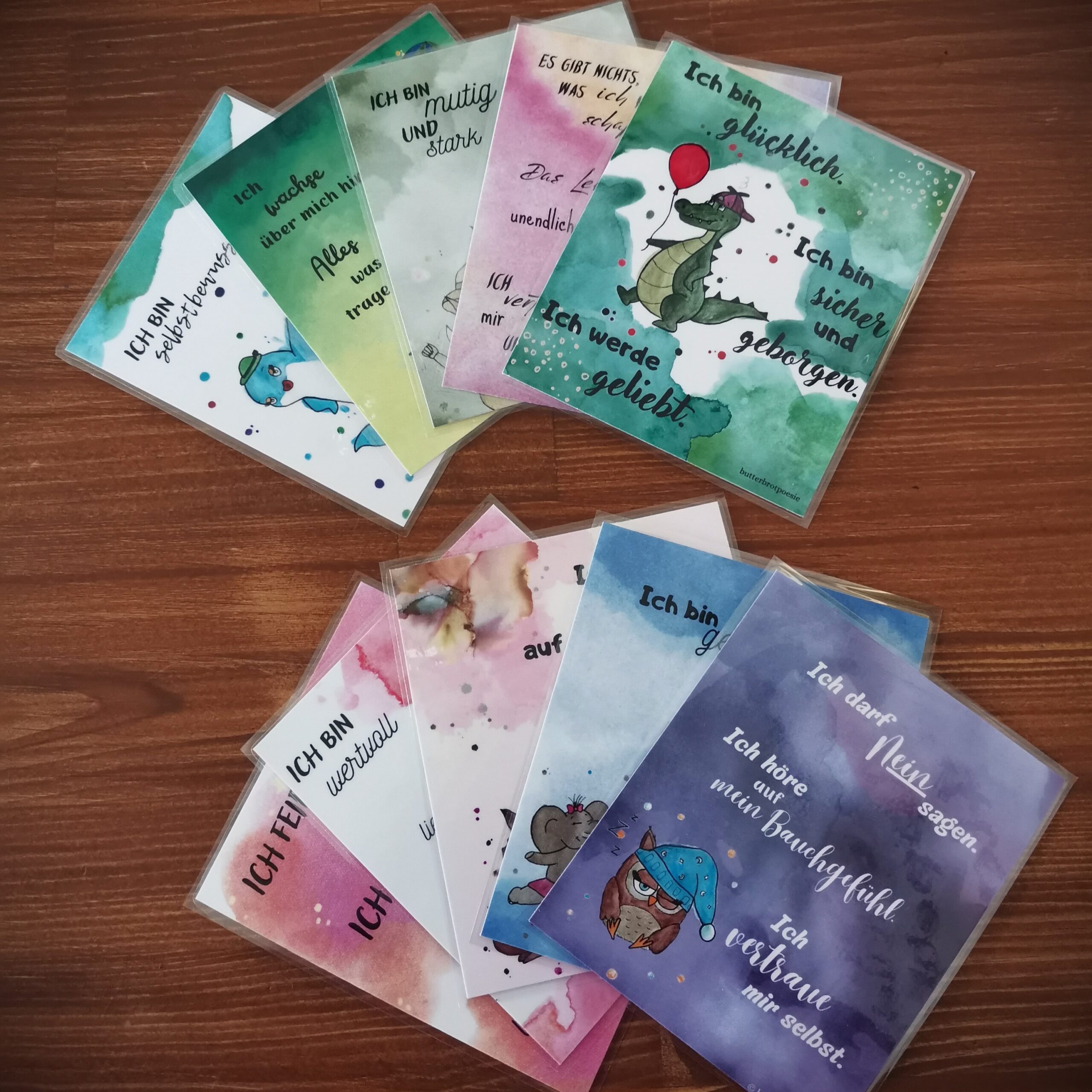 Achtsamkeitskarten für Kinder mit positiven Affirmationen und handgezeichneten Tierillustrationen. Die liebevoll gestalteten Karten fördern Selbstbewusstsein, Mut und emotionale Stärke im Alltag.