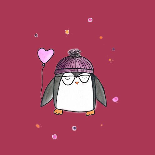 Handgemalter Pinguin mit Herzluftballon als Synonym für Eltern-Kind-Bindung
