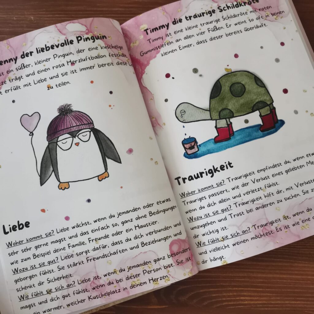 Aufgeklapptes Tagebuch mit handgemalten Figuren zu den Gefühlen Liebe und Traurigkeit