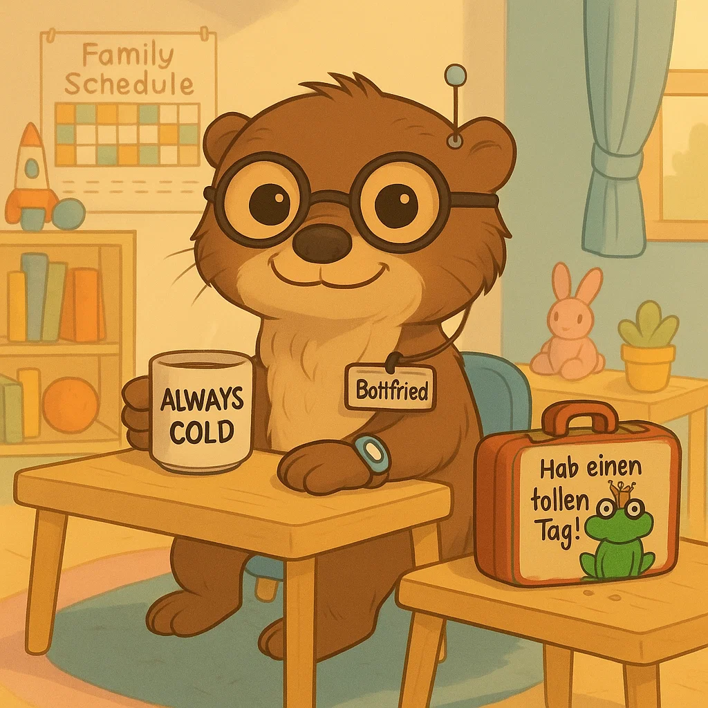 Süßer Otter mit Kaffeetasse und Lunchbox als Elternratgeber