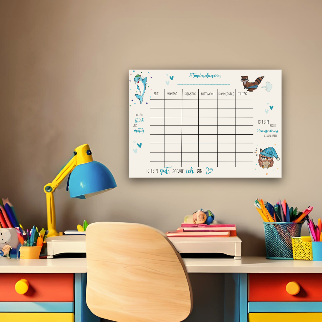 Stundenplan mit positiven Affirmationen an der Wand im Kinderzimmer