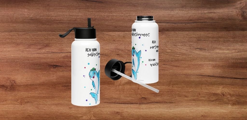 Trinkflasche mit positiven Affirmationen und handgemaltem Delfin