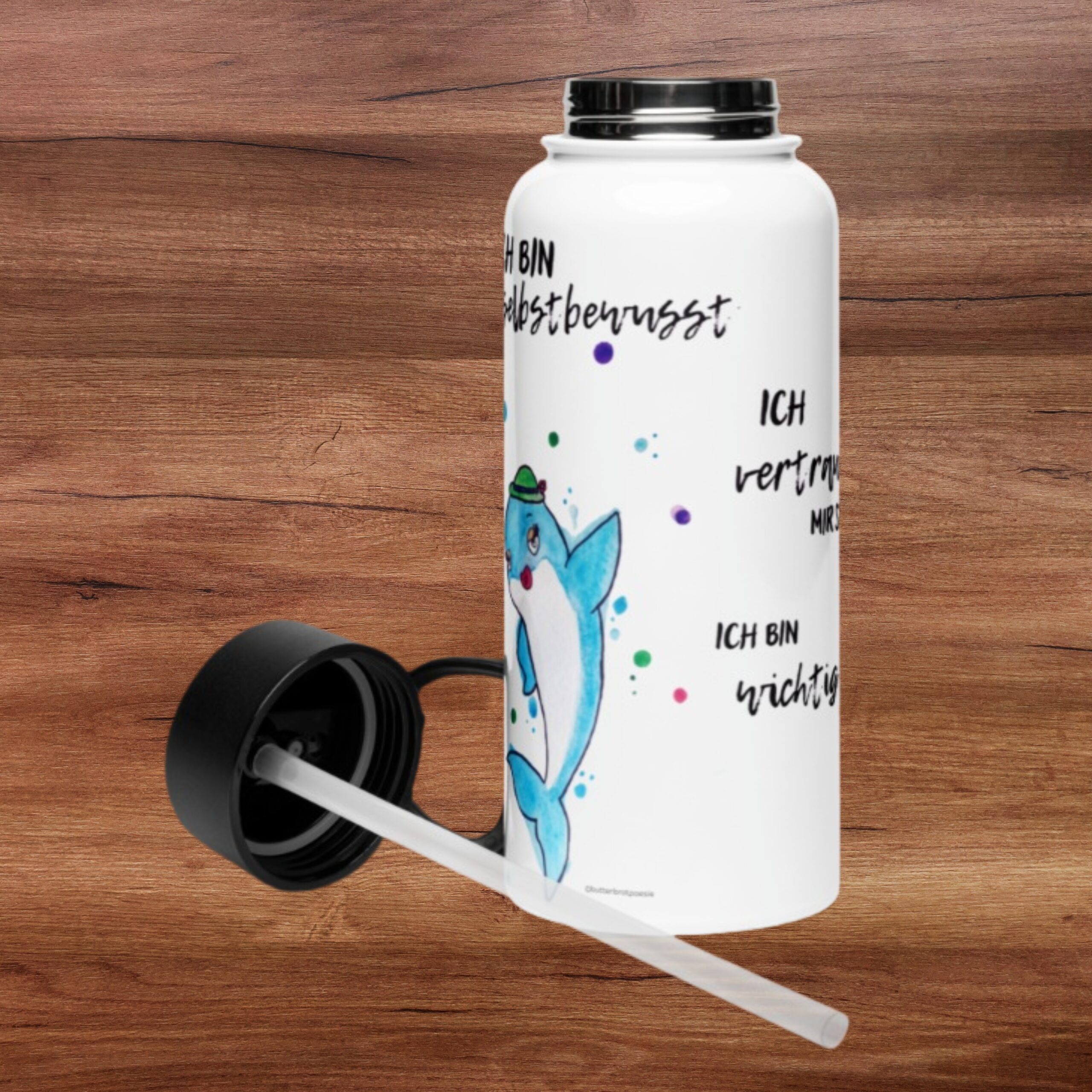 Weiße Trinkflasche für Kinder mit positiven Affirmationen