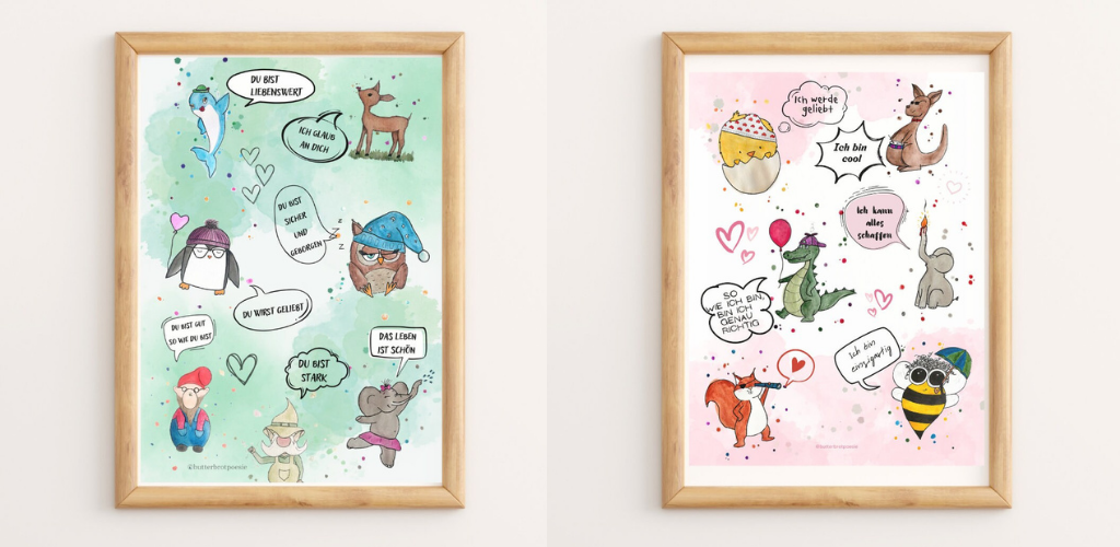Zwei Affirmationsposter für Kinder mit handgemalten Figuren und Sprechblasen mit positiven Affirmationen