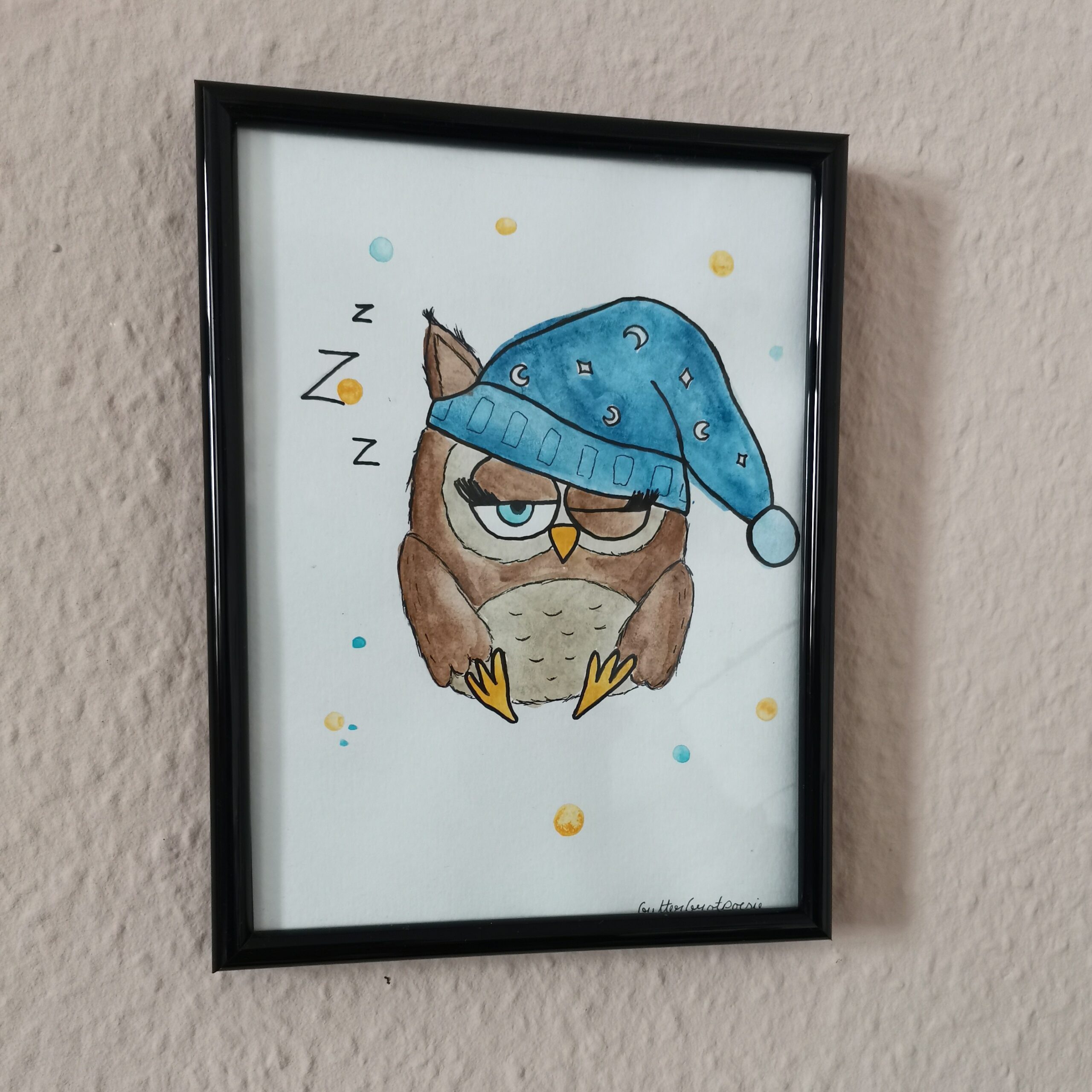 Handgemalte verschlafene Eule, Aquarellzeichnung
