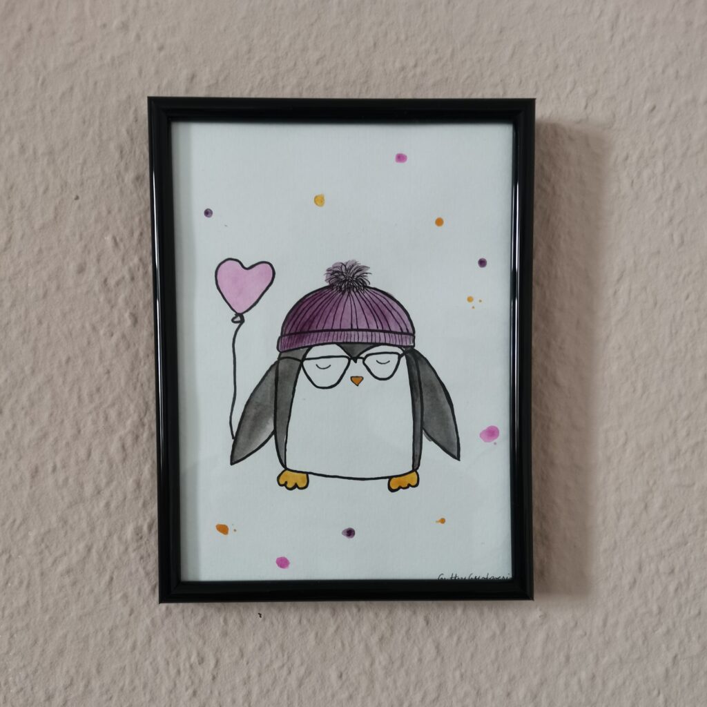 Handgemalter Pinguin mit Pudelmütze und Luftballon, Aquarellbild von butterbrotpoesie. Auftragsbild
