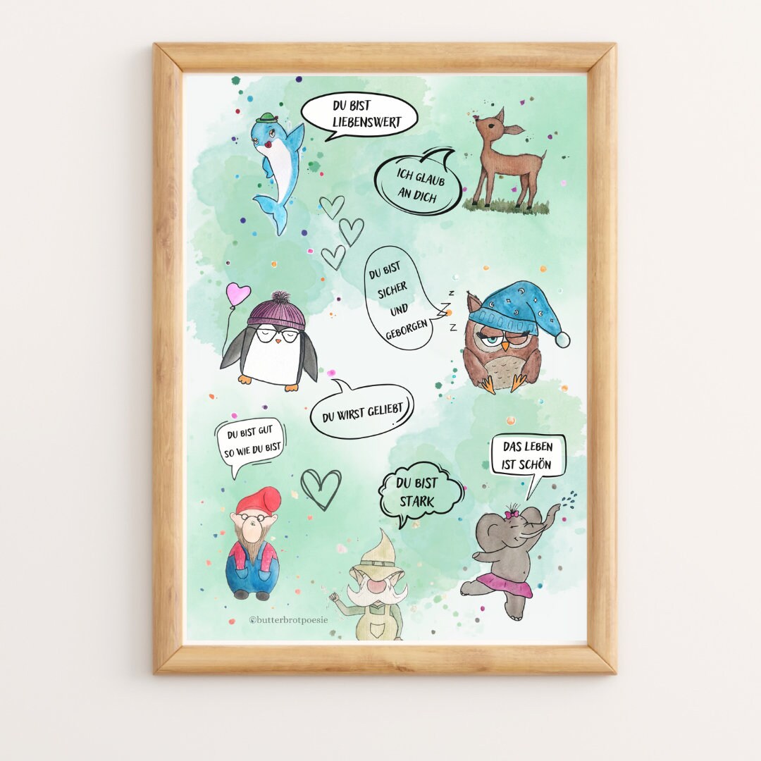 Poster mit positiven Affirmationen für Kinder mit handgemalten Figuren