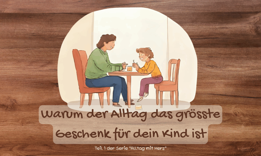 Watercolor painted Bild eines Elternteils mit Kind am Esstisch, Alltagsszene mit liebevoller Nähe