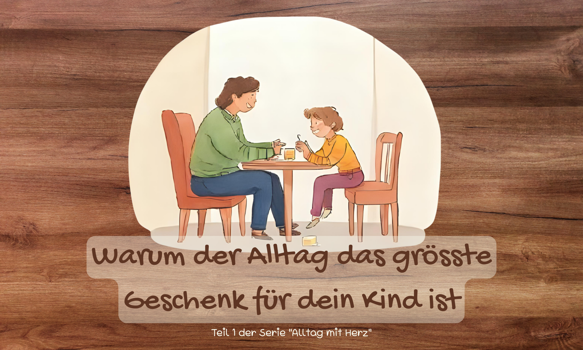 Watercolor painted Bild eines Elternteils mit Kind am Esstisch, Alltagsszene mit liebevoller Nähe