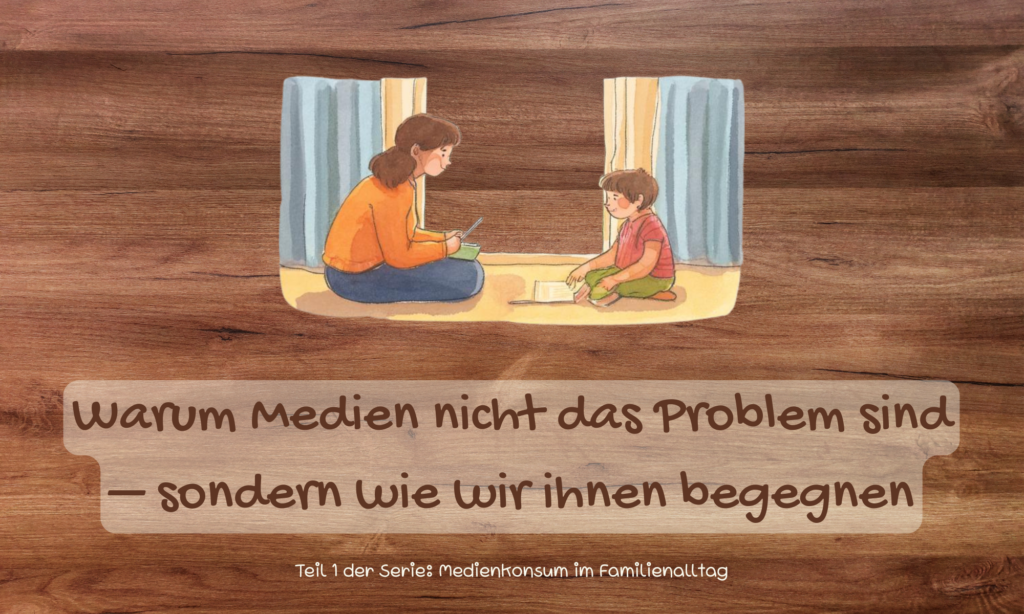Beitragsbild zum Blogpost "Warum Medien nicht das Problem sind - sondern wie wir ihnen begegnen" Teil 1 der Artikelserie "Medienkonsum im Familienalltag". Zeigt in Wasserfarben gemalt eine Mutter und ihr Kind einander zugewandt mit Tablet