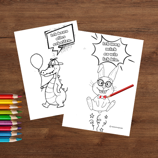 Ausmalbilder mit positiven Affirmationen und einzigartigen lustigen Figuren